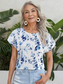 SHEIN LUNE 度假休闲花卉印花蝙蝠袖衬衫 - 藍白色 - 查看 4