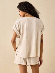 Poéselle 休闲亚麻系带上衣和短裤套装 - 轻松打造日常出游风格，女士休闲套装，亚麻夏季服装，系带上衣，舒适居家装，清爽水疗造型 - 杏色 - 查看 2