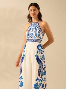 CAJUNI Women's Boho Ginkgo Leaf, Parrot, Blue & White Printed Halter Backless Tie Front Wide Leg Jumpsuit, Casual Summer Beach Wear
