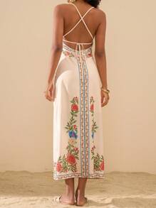 Travachic Floral Print Sleeveless Dress, Bohemian Style Floral Front Slit Dress For Vacation, Spring And Summer Beach Dresses For Women Boho Dresses For Women Summer Dresses For Women Women Long Dresses Vacation Dress Women Maxi Dresses,Sun Dress - Multicolor - View 3