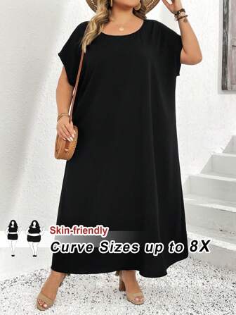 SHEIN CURVE+ 大码女式黑色蝙蝠袖休闲宽松度假连衣裙波西米亚风度假