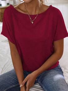 EMERY ROSE Women's Solid Color Asymmetric Neck Short Sleeve Minimalist T-Shirt, Casual Daily Wear - Burgundy - View 6