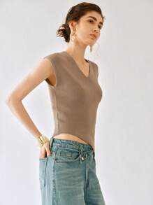 Uhlyne Uhlyne Women Solid Color Asymmetric V-Neck Hollow Button Cinched Waist Blouse - Khaki - View 3
