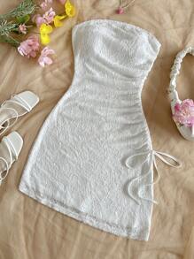 Soleia Women's Resort Knitted White Lace Fabric Mini Dress, Asymmetrical Hem, Drawstring Waist, Sexy Party & Date Outfit, Suitable For Valentine's Day