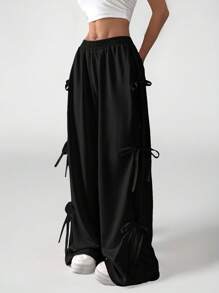 SHEIN PETITE Sweet And Lovely Pink Bow Detail Knot Tie Waist Sweatpants For Spring And Summer