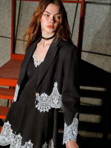 MOTF STUDIO 对比色蕾丝条纹西服 - 深灰色 - 查看 7