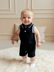 1pc Toddler Boys Casual Polo Collar Striped Short Sleeve Solid Color Romper, Suitable For Summer Outdoor Wear, Infant Baby Boys Clothes, Newborn Baby Romper, Baby Bodysuit, Baby Outfit, 3M-2T