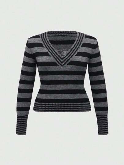 Grunge Punk Plus Size Vintage Grunge Striped Lace Patchwork Tight Fit Sweater