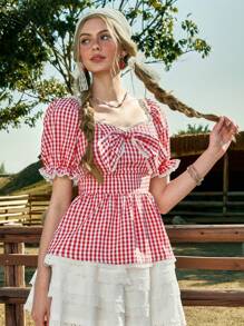 ROMWE Kawaii Women's Nature Girl Cottagecore Plaid Picnic Style 3D Bow Decor Babydoll Shirt