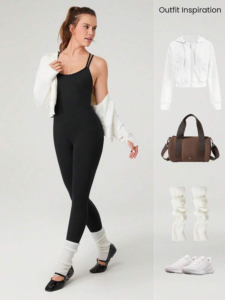 24" FeatherFit™-Air Insta-Cinch Tummy Control Butt Scrunch Double-Strap Life & Flow Bodysuit Jumpsuit Low Impact Yoga Pilates Daily Removable Cups