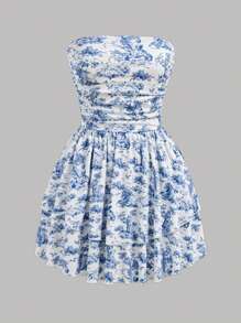 SHEIN EZwear Women All Over Print Mini Bandeau Dress, Casual Vacation