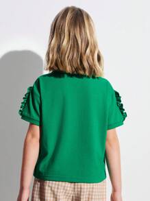 THE HAPPY LOOK Camiseta ajustada con cuello redondo, mangas con volantes y estampado de conejo linda para niñas, estilo adorable de Pascua