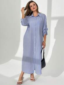 SHEIN Essnce Vestido azul y blanco de manga larga con mangas mixtas para mujeres de talla grande, para el estilo de negocios casuales, elegantes, de primavera, de vacaciones, de festival, de estilo old money, de moda casual para ir al trabajo