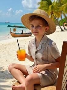 Vintaside Kids Ensemble de chemise à manches courtes avec col brodé vintage et shorts décontractés, tenue d'été pour garçons préadolescents, convient pour un usage décontracté, les vacances et les rassemblements extérieurs