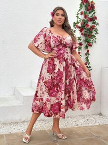 Sunnyshic Vestido con estampado floral, mangas con volantes y abertura, talla grande, elegante y romántico para fiestas, eventos y vacaciones
