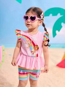 CoComelon X SHEIN 2pcs/Set Baby Girl Rainbow Cloud & Friends Pattern Cap Sleeve Top And Rainbow Striped Leggings Summer Outfit - Multicolor - View 3