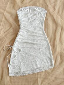 Soleia Women's Resort Knitted White Lace Fabric Mini Dress, Asymmetrical Hem, Drawstring Waist, Sexy Party & Date Outfit, Suitable For Valentine's Day