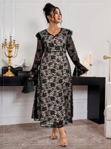 Modelyn Elegant V-Neck Plus Size Lace Midi Dress Fall Cloth For Women - Black - View 1