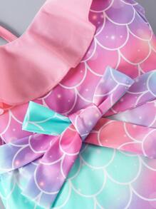 Tween Girl Mermaid Print Ruffle Trim Belted Dress, Suitable For Summer Beach, Vacation, And Playtime - Multicolor - View 6