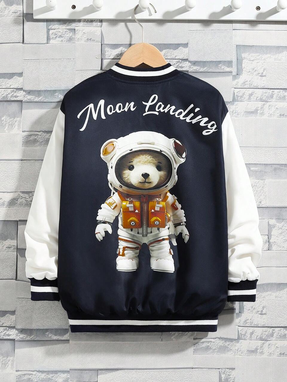 Tween Boy Casual And Bear Printed Jacket With Color Block Sleeves