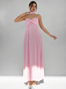 Aloruh Nuevo vestido plisado sin tirantes, vestido romántico de color rosa sólido fluido hasta los tobillos para vacaciones, citas, fiestas