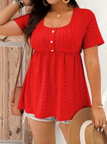EMERY ROSE Plus Size Solid Color Hollow Out Embroidery T-Shirt, Casual Holiday Wear - Red - View 5