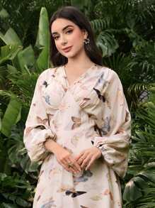 Modelyn Women's V-Neck Long Sleeve Butterfly Print Casual Long Dress Fall Cloth For Women - Multicolor - View 5