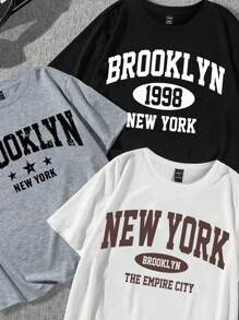 SHEIN EZwear Bộ 3 áo thun cổ tròn tay ngắn ôm vừa vặn màu đen/trắng/xám in họa tiết "New York", size lớn, phù hợp cho mùa hè - Nhiều màu - Xem 4