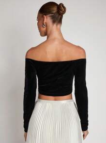 COSMINA Women's Elegant Black Metal Buckle Cropped Top, Spring/Summer - Black - View 2