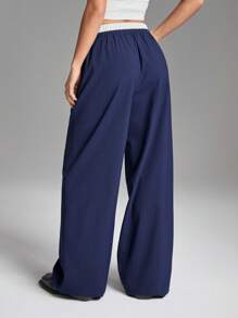 LYSMO Navy Blue Striped Patchwork Casual Pants, Solid Color Minimalist Fashion For Everyday Wear