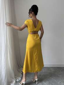 SHEIN Unity Gaun Elegan dengan Belahan Silang di Belakang dan Leher, Potongan Ramping untuk Wanita, Musim Semi/Panas - Kuning - View 2