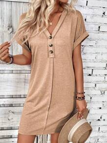 EMERY ROSE Women's Solid Color Front Button Batwing Sleeve Casual Short Dress - Khaki - View 5