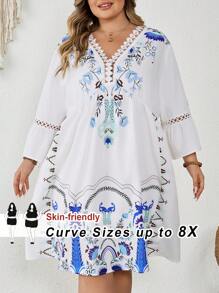 SHEIN CURVE+ 大码女式定位印花蕾丝下摆连衣裙、节日连衣裙、度假风格连衣裙