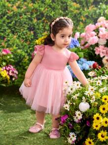 Vestido elegante y lindo de malla rosada con un corazón calado para bebé niña - Rosa - Ver 4