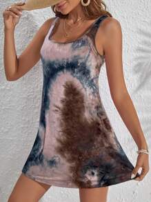 SHEIN LUNE فستان قصير كاجوال بحزام واسع مصبوغ بطريقة الربط والصبغ - متعدد الألوان - مشاهدة 6