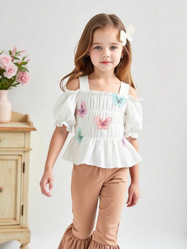 SHEIN Newly Launched! The Top For Young Girls Features A Suspender, Off-The-Shoulder Design, Short Bubble Sleeves And Three-Dimensional Butterfly Embroidery. It's Comfortable, Fashionable, Elegant, Sweet And Lovely, A Must-Have For Daily Wear