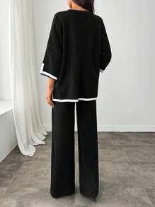 RueChic Conjunto casual de suéter holgado de punto con mangas de murciélago y pantalones en talla grande para mujer