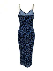 Breezaya Bodycon Knit Dress With Metal Chain Shoulder Straps, High Slit And Printed Pattern Maxi Women Outfit - Blue - View 2