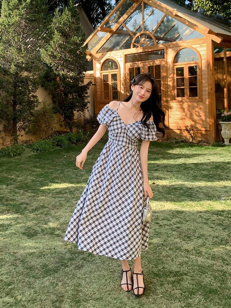 Women Plaid Camisole Midi Dress With Puff Sleeves, Casual Style,Fall Clothes Off Shoulder Boho
