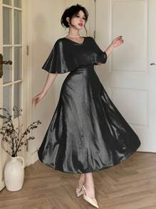 DAZY Đầm midi cổ chữ V tay ngắn thường ngày cho nữ, váy dạ hội thanh lịch, váy trang trọng cho nữ - màu đen - Xem 3