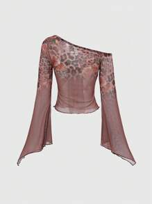 ROMWE Grunge Punk Y2K Vintage Chic Leopard Floral Print Sheer Flared Sleeve Asymmetric Neck Blouse