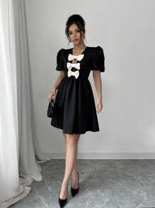Chiquease Women's Bow Decor Short Puff Sleeve Casual Dress - Black - View 6