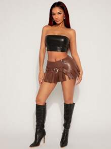 SHEIN SXY Black Solid Color Sexy Y2K Punk PU Leather Low Waist Ultra Short Pleated Skirt, Suitable For Daily Wear, Parties, Clubbing, Music Festivals - Black - View 4