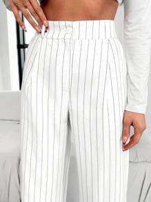 EURMUSE WOMEN TALL STRIPED BUTTON DETAILED CASUAL PANTS - White - View 7