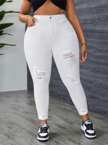 Slaydiva Jeans informales simples con botones delanteros, bolsillo y efecto desgastado, talla grande y unicolor - Blanco - Ver 1