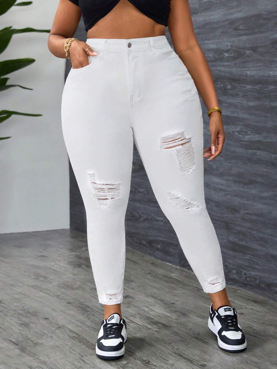 Slaydiva Jeans informales simples con botones delanteros, bolsillo y efecto desgastado, talla grande y unicolor - Blanco - Ver 1