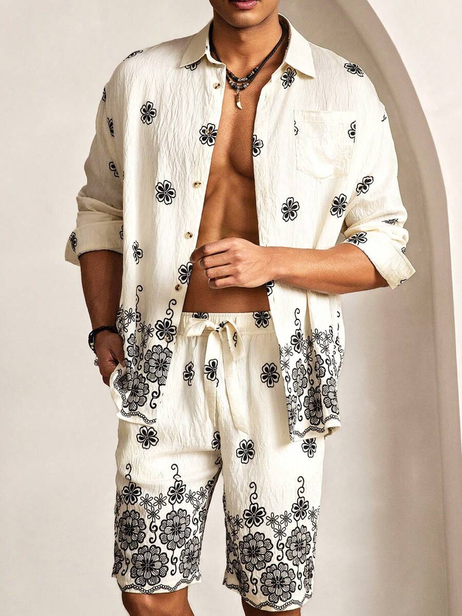 Manfinity VCAY 2 件套男士休闲宽松编织短袖衬衫和松紧腰直筒短裤套装