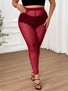 SHEIN CURVE+ Plus Size Women's Transparent Mesh Sexy And Enchanting Black Leggings And Leggings,Valentine's Day - Burgundy - View 5