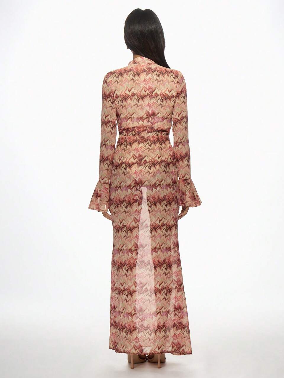 MISSGUIDED 프린트 하이 키홀 네크라인 긴 벨 소매 플레어 헴 맥시 드레스