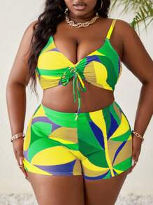 SHEIN Swim Curve Plus Size Women 3-Piece Random Printed Adjustable Spaghetti Strap Bralette Top And Mesh Coverup Swimwear Set For Summer Beach Vacation - Green - View 4